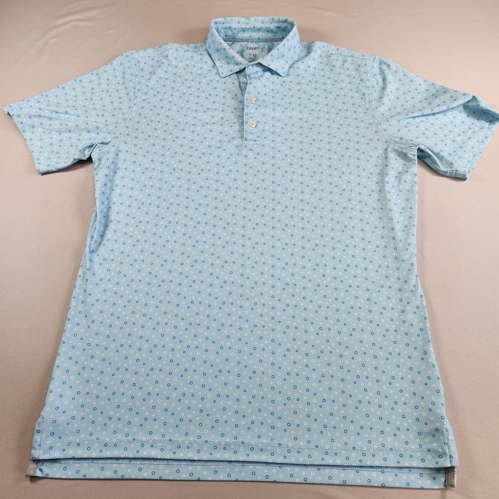 Johnnie O Polo Shirt Mens M Blue Dots Gage Golf Stretch Performance AOP